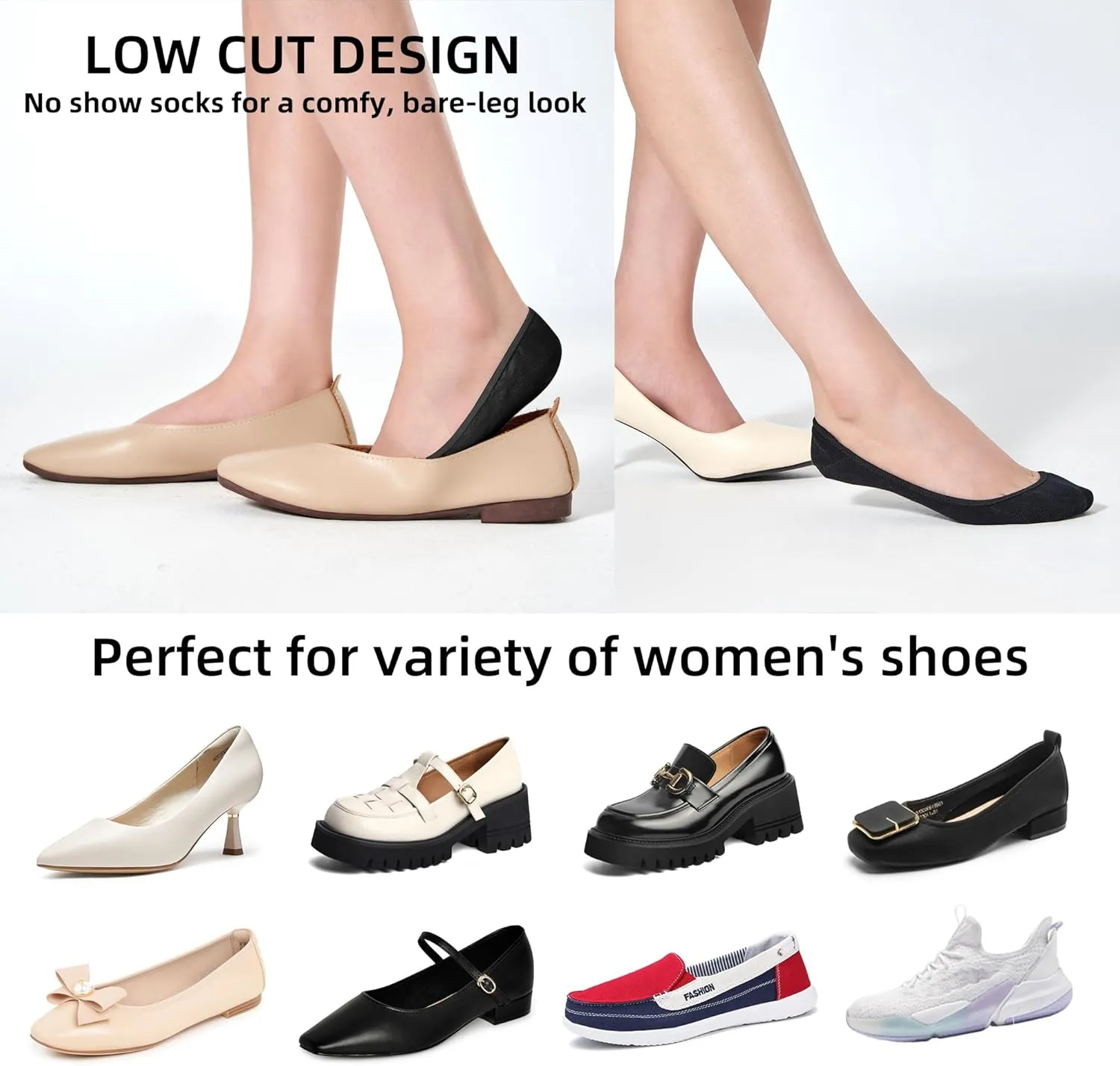 8 Pairs (4 White, 4 Black) Women's No Show Socks - Ultra Low Cut, Non-Slip Silicone Grip, Invisible Liner for Flats and Boat Shoes, US Sizes 5-9