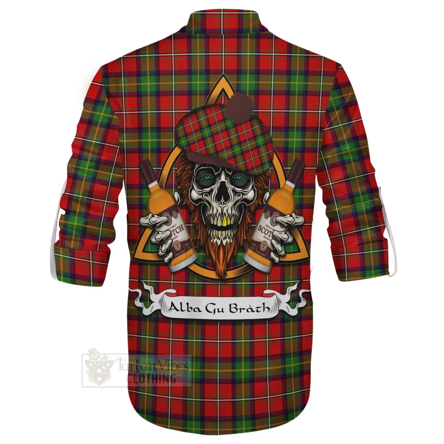 Boyd Tartan Ghillie Kilt Shirt with Family Crest and Bearded Skull Holding Bottles of Whiskey