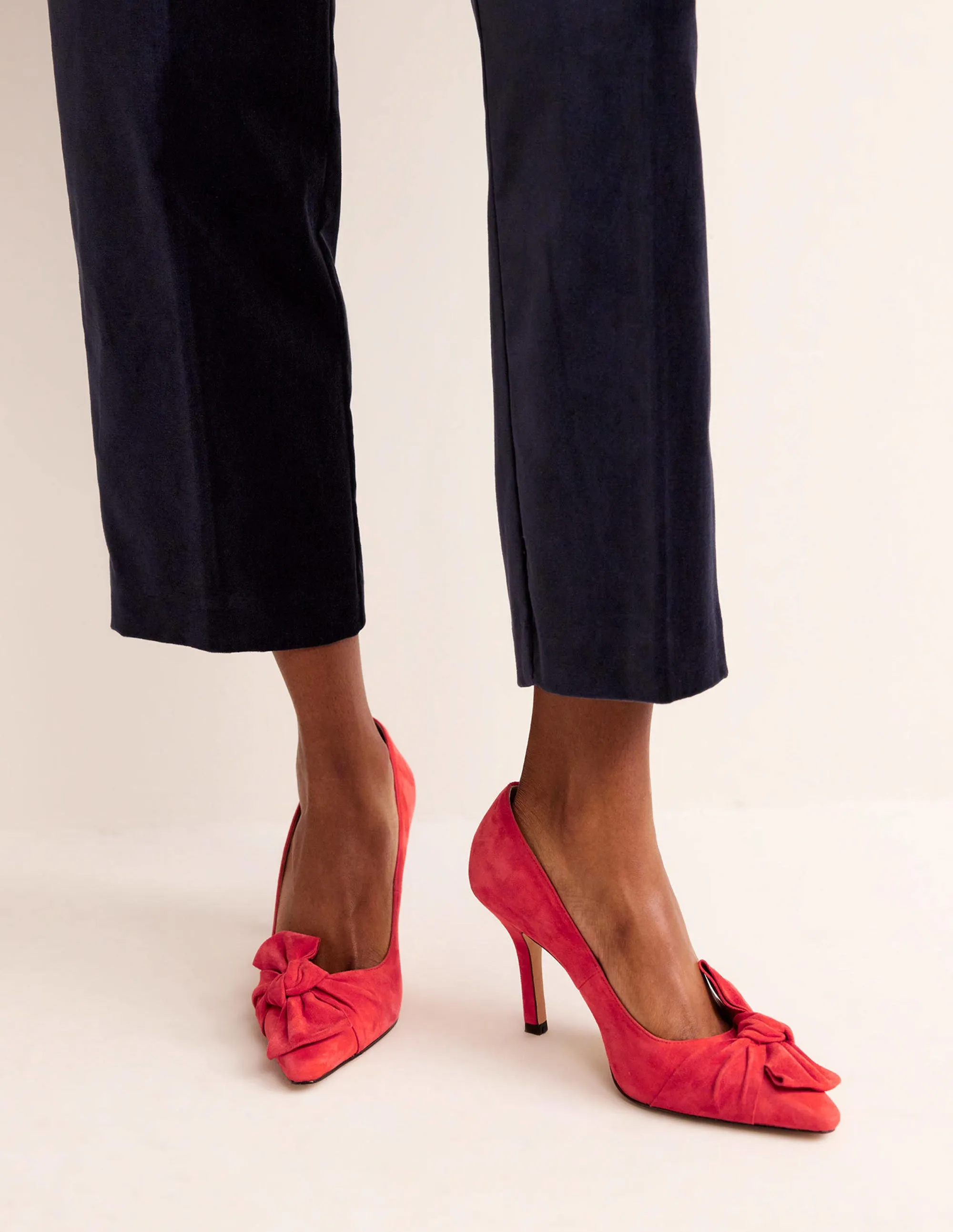 Suede-Bow Heeled Courts-Red Suede